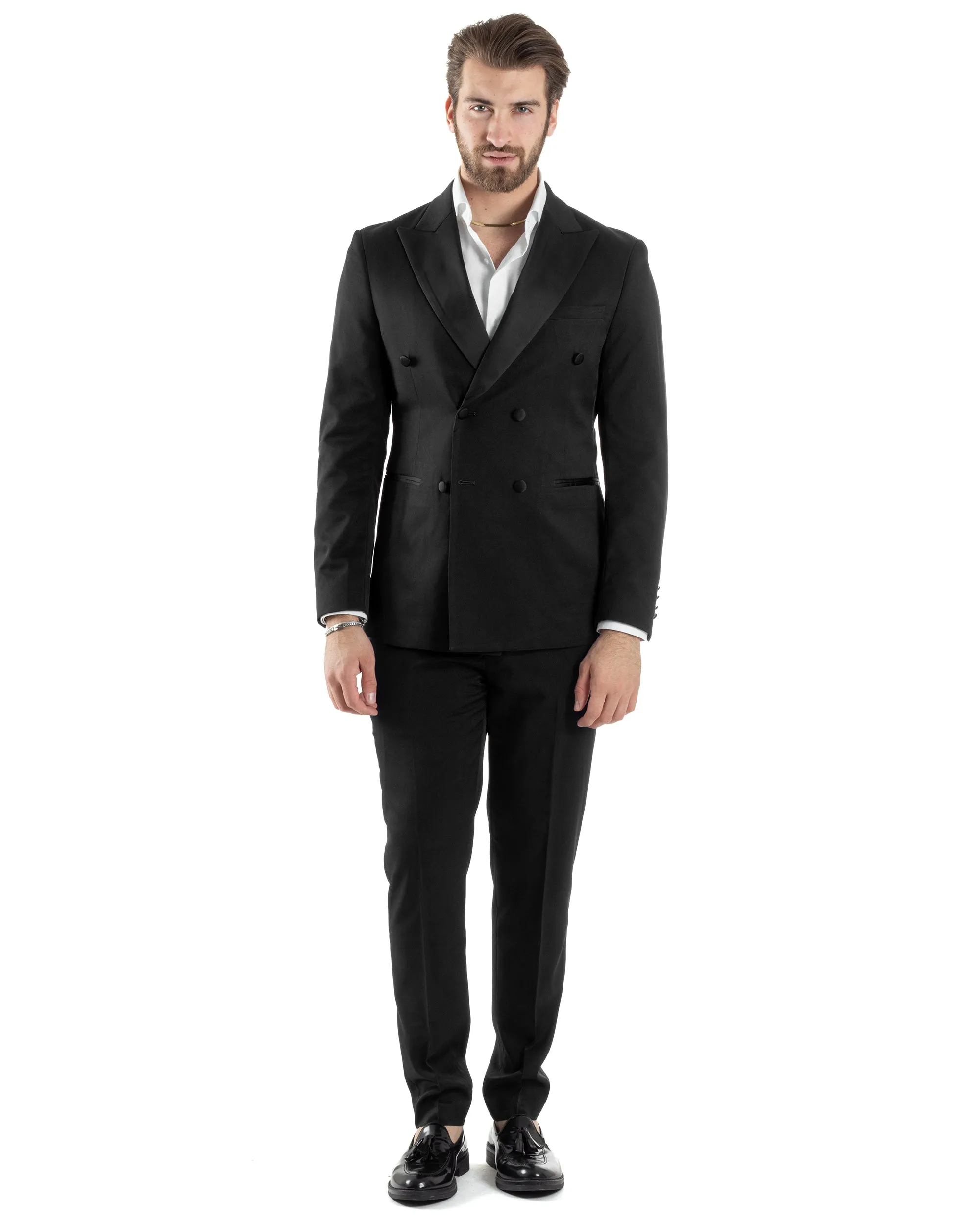 Abito Uomo Doppiopetto Vestito Completo Giacca Pantaloni Bottoni Revers Raso Nero Elegante Smoking GIOSAL-AE1051A