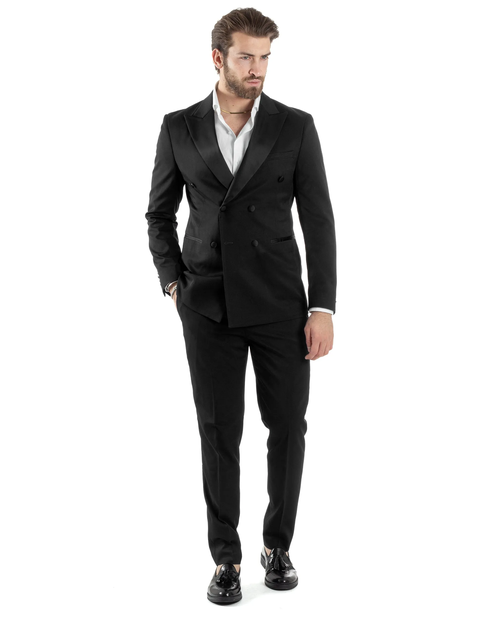 Abito Uomo Doppiopetto Vestito Completo Giacca Pantaloni Bottoni Revers Raso Nero Elegante Smoking GIOSAL-AE1051A