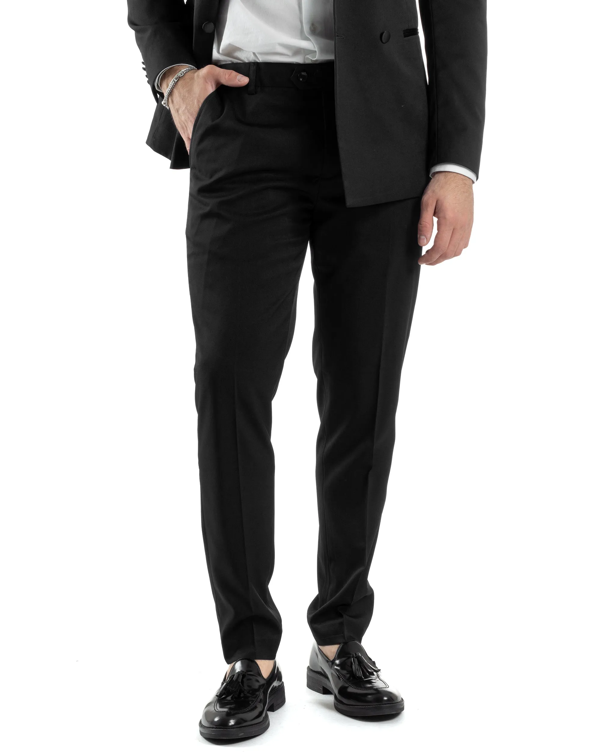 Abito Uomo Doppiopetto Vestito Completo Giacca Pantaloni Bottoni Revers Raso Nero Elegante Smoking GIOSAL-AE1051A