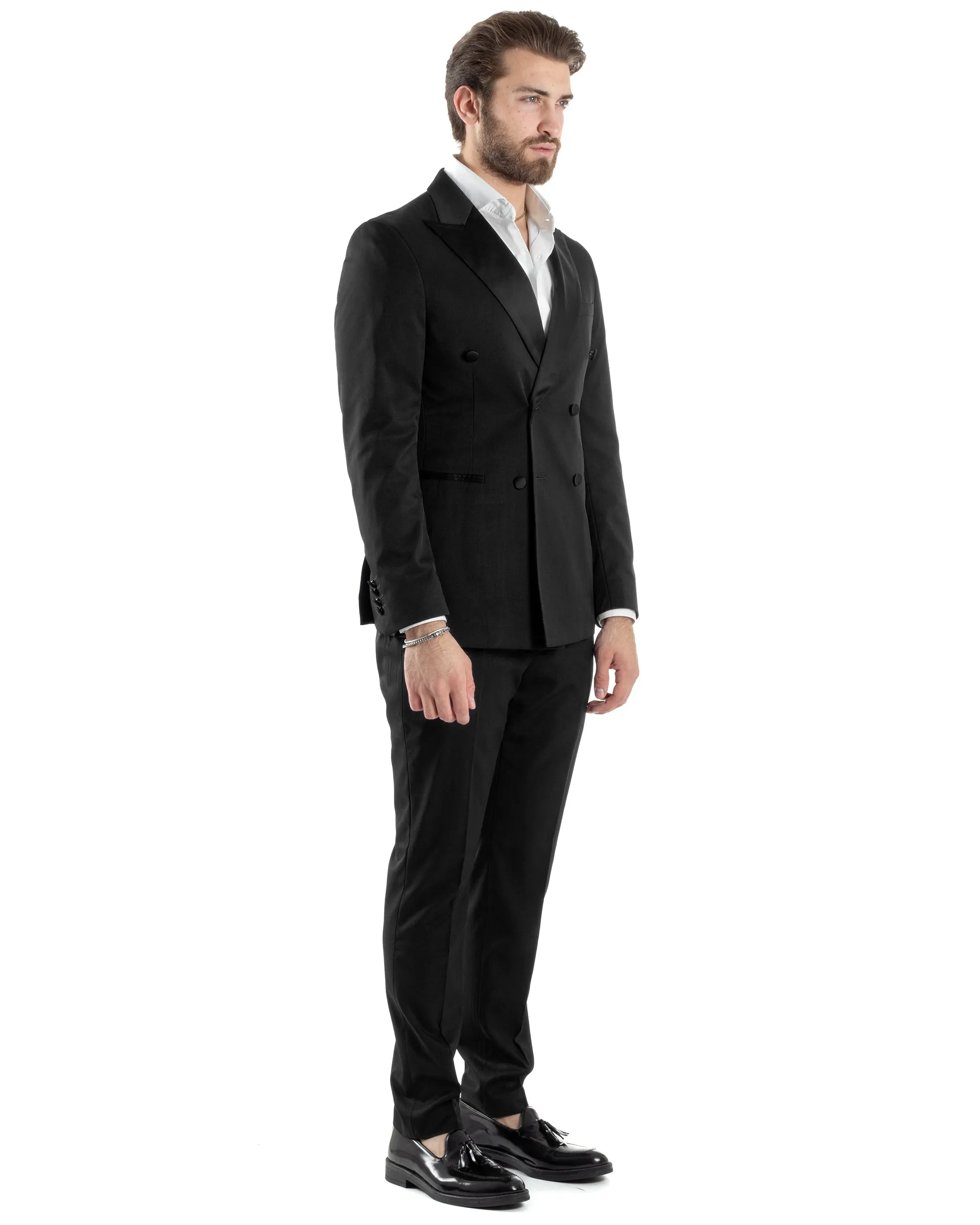 Abito Uomo Doppiopetto Vestito Completo Giacca Pantaloni Bottoni Revers Raso Nero Elegante Smoking GIOSAL-AE1051A