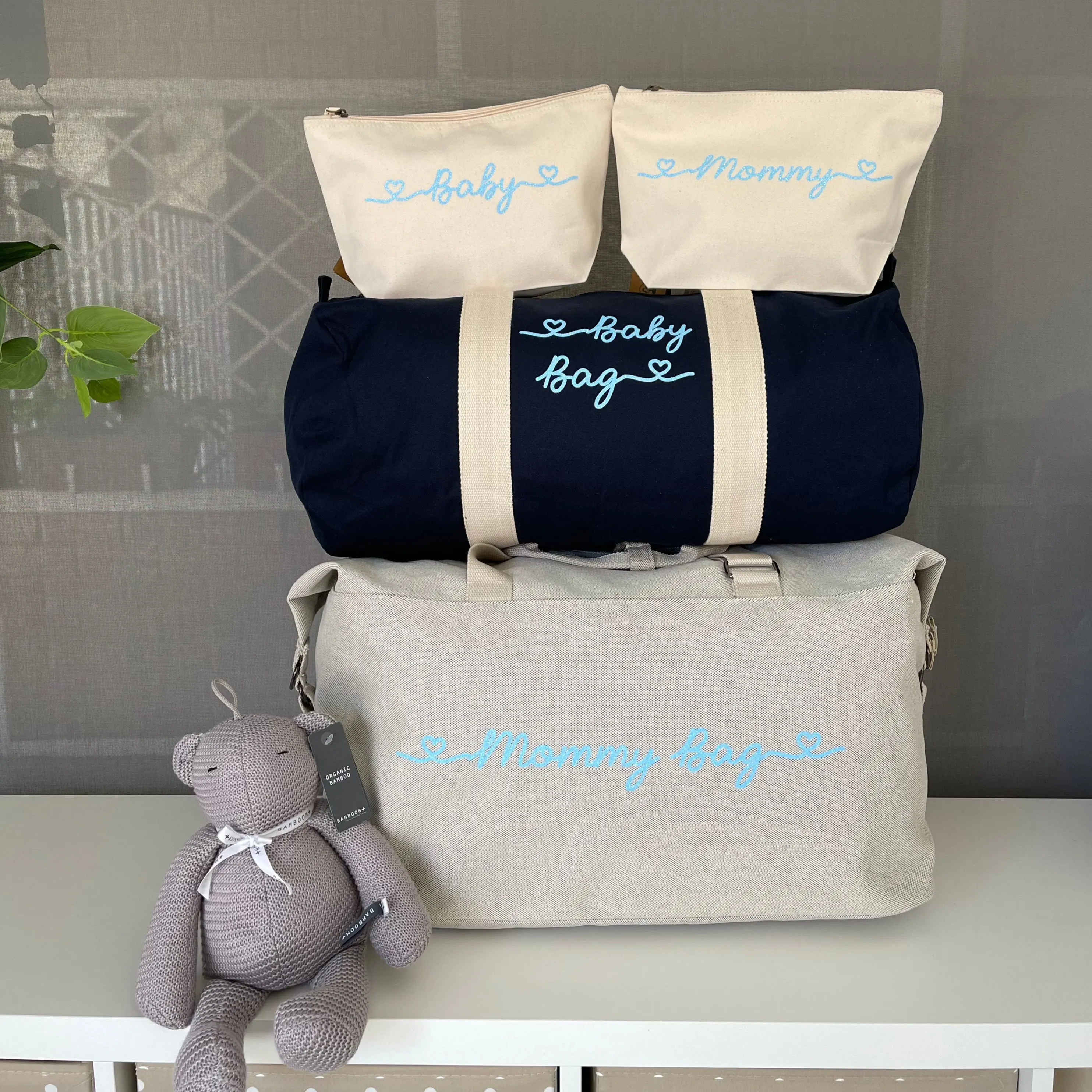 Borsone Mamma, 1 borsone Baby Blu e 2 Pochette Stampa Azzurro