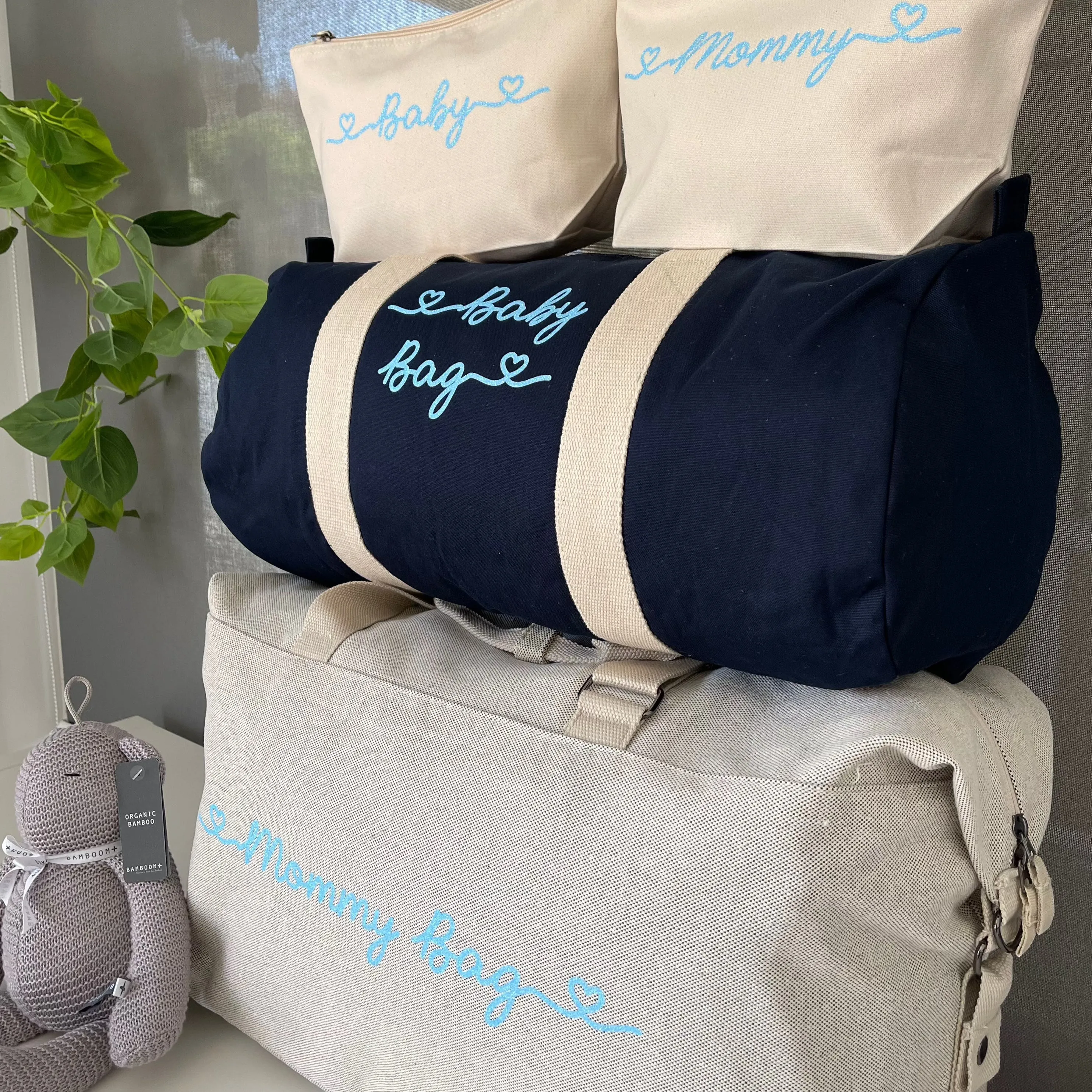 Borsone Mamma, 1 borsone Baby Blu e 2 Pochette Stampa Azzurro