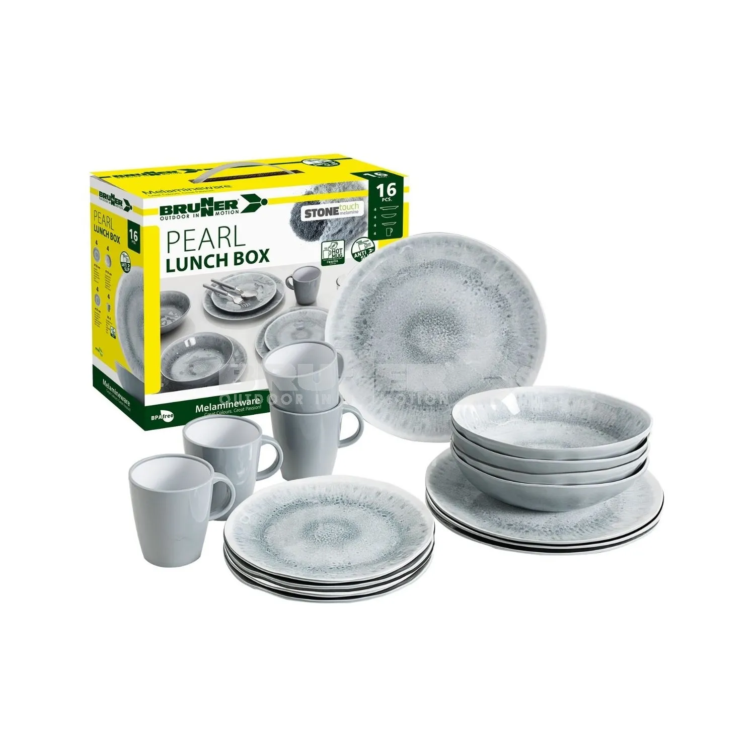 BRUNNER LUNCH BOX PEARL SET PIATTI/BICCHIERI DA 16 PEZZI IN RESISTENTE MELAMINA E FONDO ANTISCIVOLO