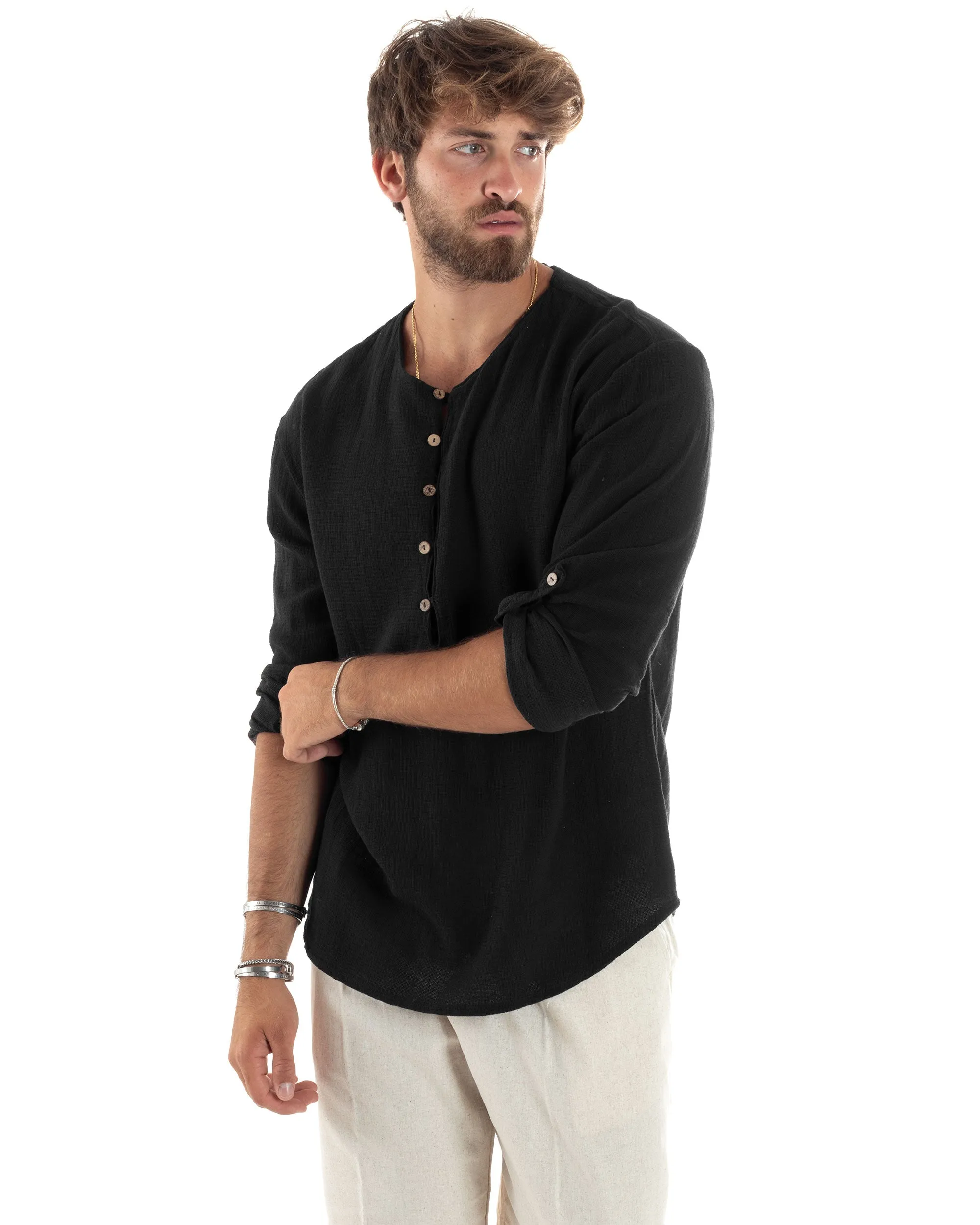 Camicia Maniche Lunghe Uomo Cotone Collo Serafino Scollo Rotondo Con Bottoncini Regular Fit Casual Nero GIOSAL-C2870A