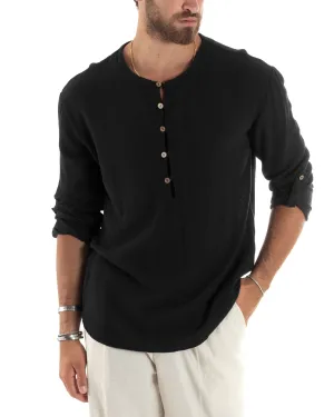 Camicia Maniche Lunghe Uomo Cotone Collo Serafino Scollo Rotondo Con Bottoncini Regular Fit Casual Nero GIOSAL-C2870A