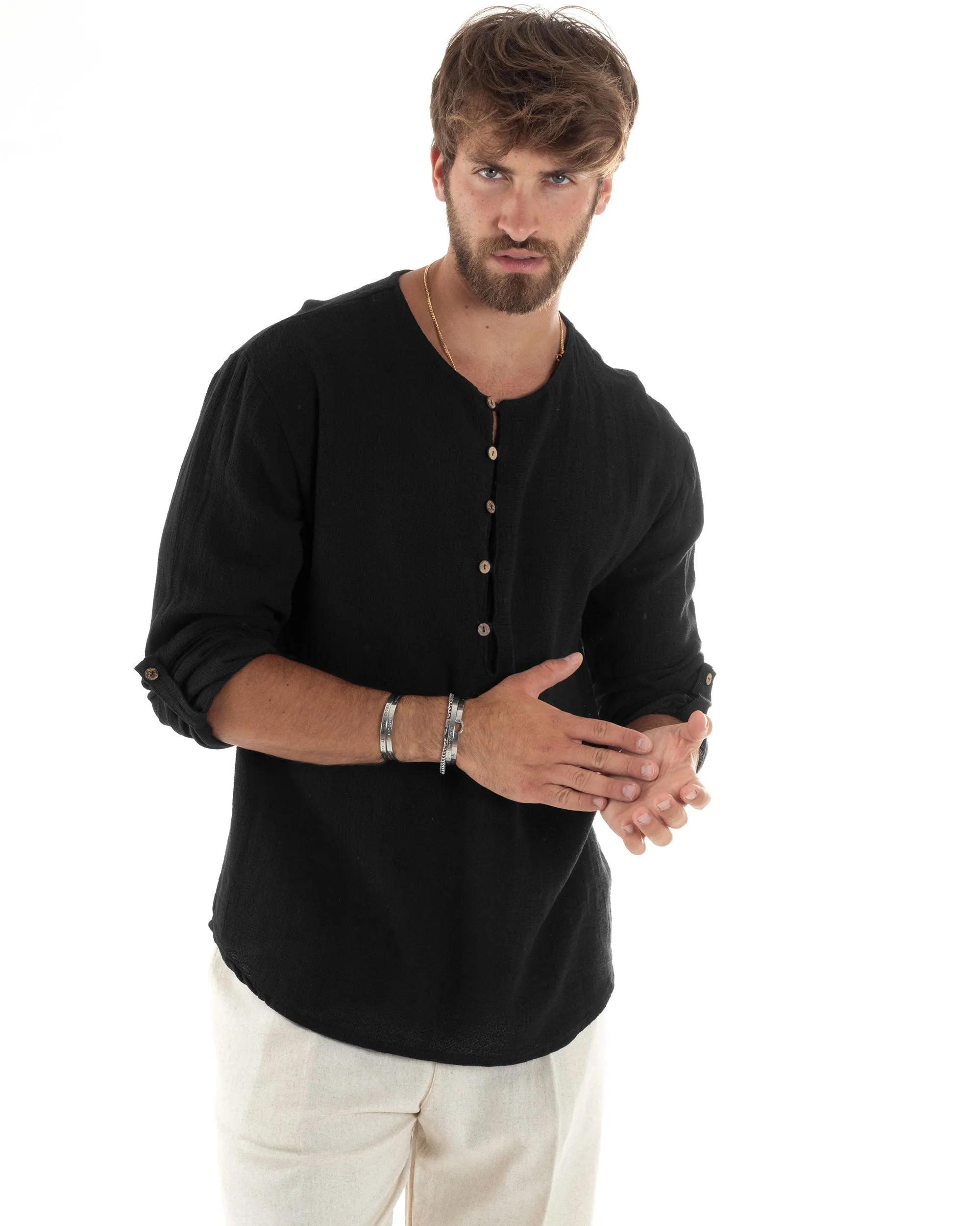 Camicia Maniche Lunghe Uomo Cotone Collo Serafino Scollo Rotondo Con Bottoncini Regular Fit Casual Nero GIOSAL-C2870A