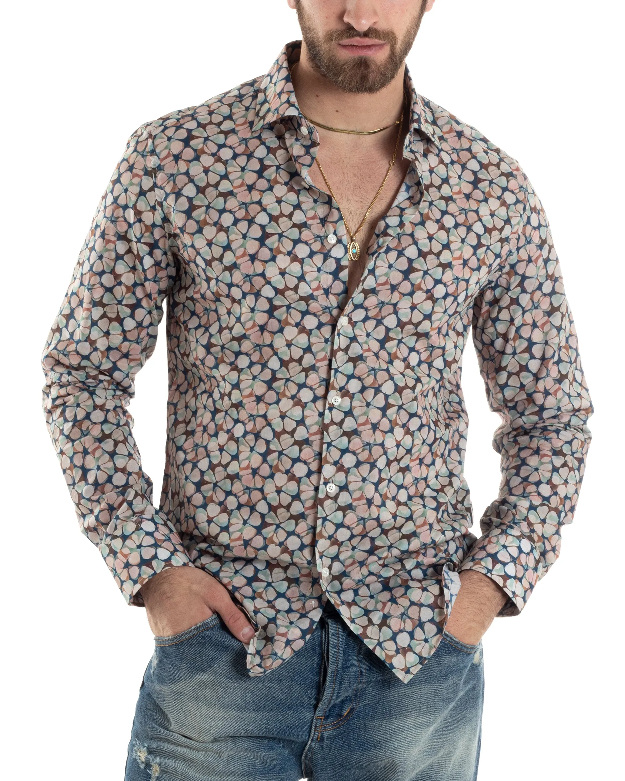 Camicia Uomo Manica Lunga Collo Francese Con Colletto Slim Fit Multicolore Fantasia Floreale GIOSAL-C2845A