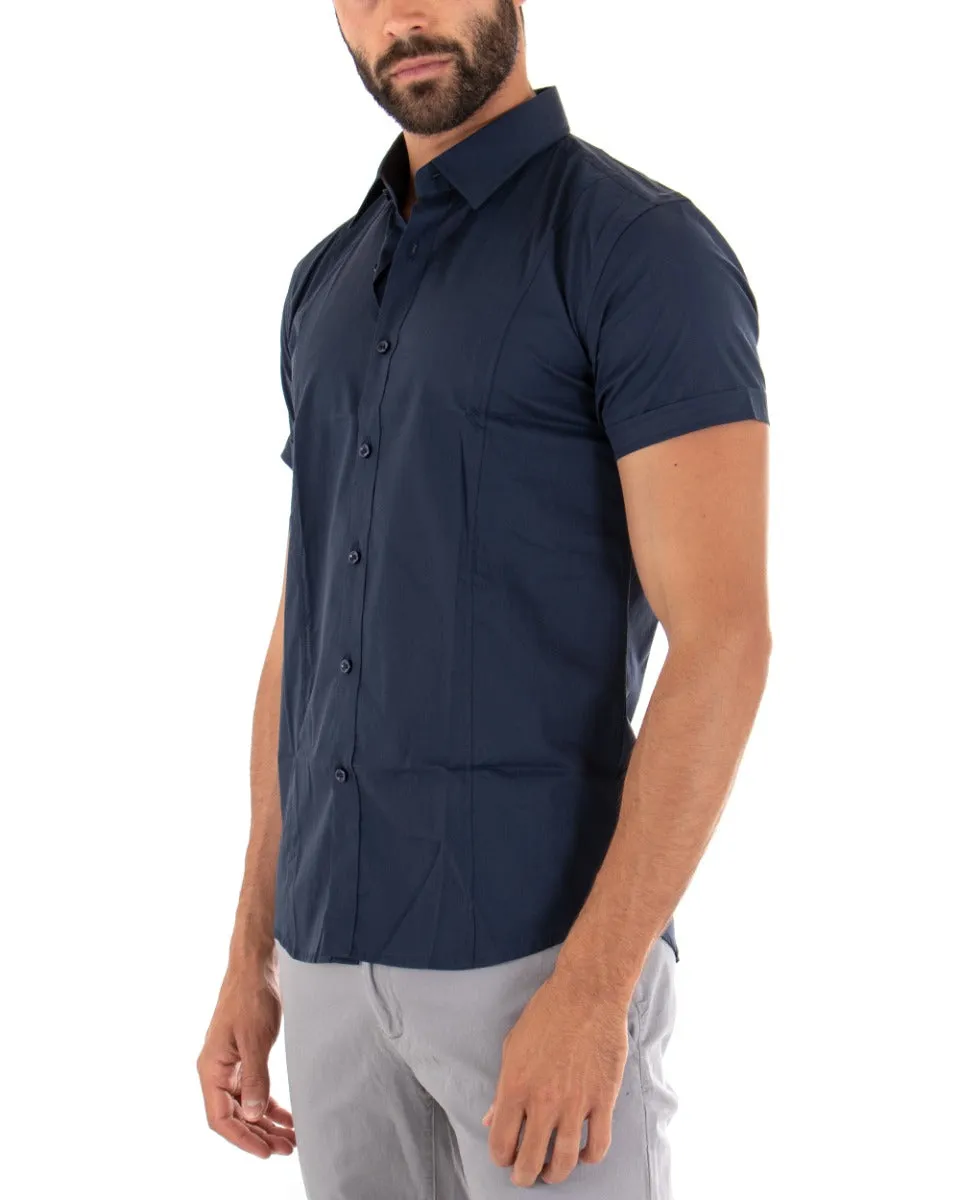 Camicia Uomo Maniche Corte Con Colletto Slim Fit Cotone Elastico Basic Tinta Unita Blu GIOSAL-CC1139A