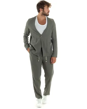 Completo Set Coordinato Uomo Lino Elegante Giacca Monopetto Senza Revers Scollata Pantaloni Basic Con Coulisse Outfit Regular Fit Verde GIOSAL-OU2468A