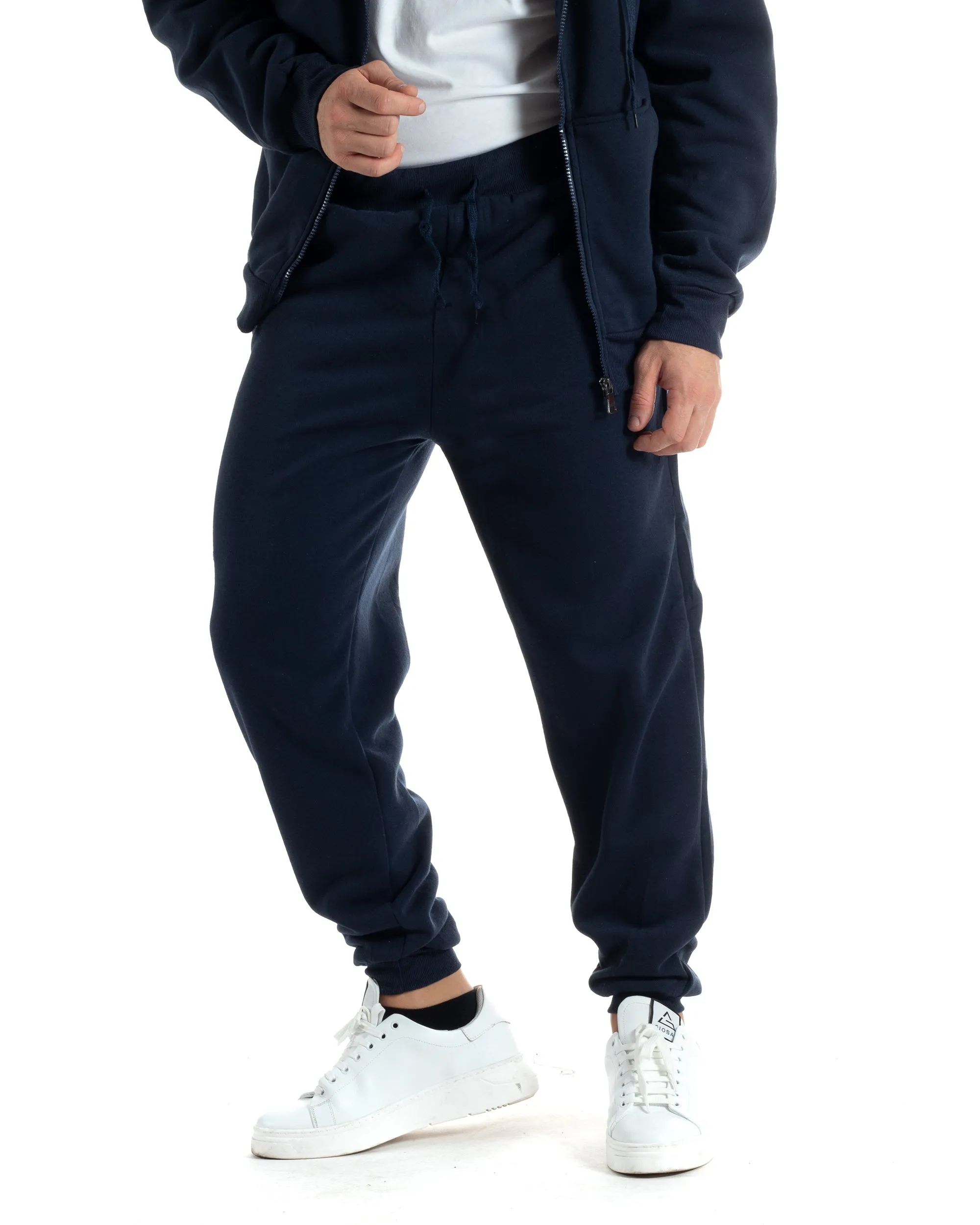 Completo Tuta Uomo Felpato Basic Felpa Con Cappuccio Zip Pantalaccio Tinta Unita Blu GIOSAL-OU2437A