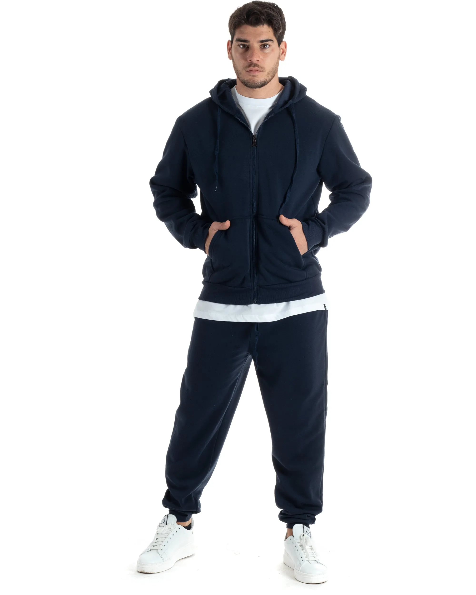 Completo Tuta Uomo Felpato Basic Felpa Con Cappuccio Zip Pantalaccio Tinta Unita Blu GIOSAL-OU2437A