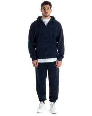 Completo Tuta Uomo Felpato Basic Felpa Con Cappuccio Zip Pantalaccio Tinta Unita Blu GIOSAL-OU2437A