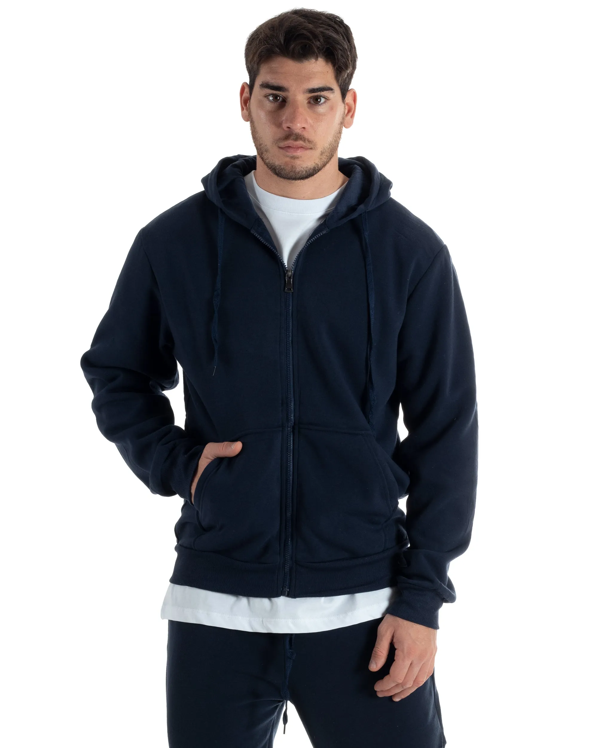 Completo Tuta Uomo Felpato Basic Felpa Con Cappuccio Zip Pantalaccio Tinta Unita Blu GIOSAL-OU2437A