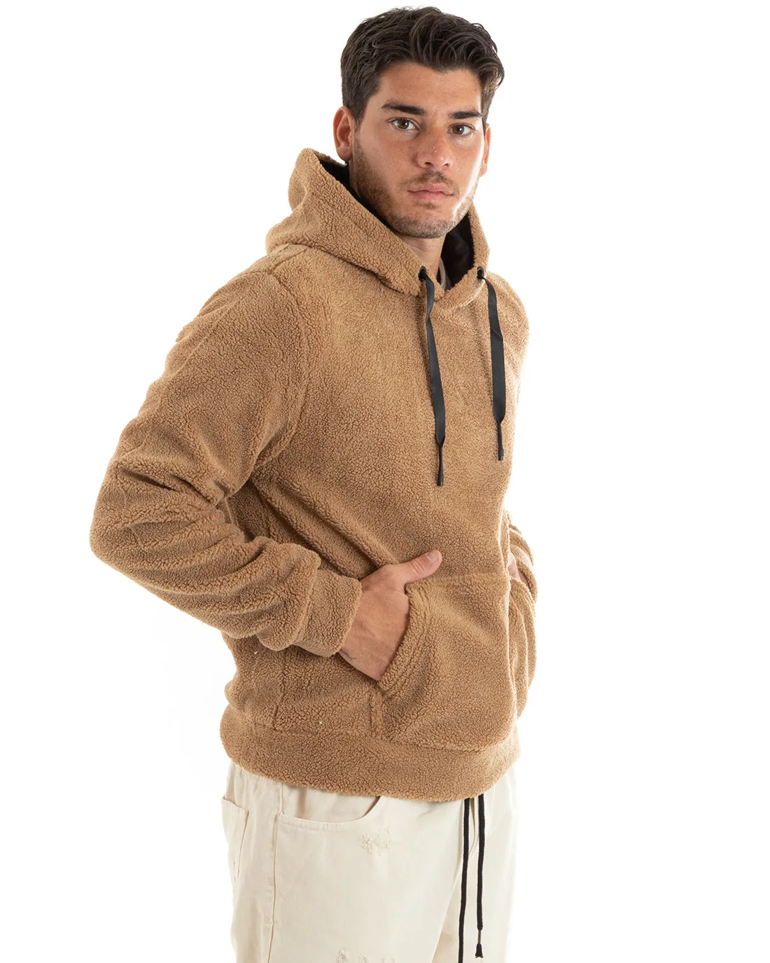 Felpa Uomo Con Cappuccio Maglia Teddy Pelliccia Tinta Unita Camel Regular Fit GIOSAL-F2988A