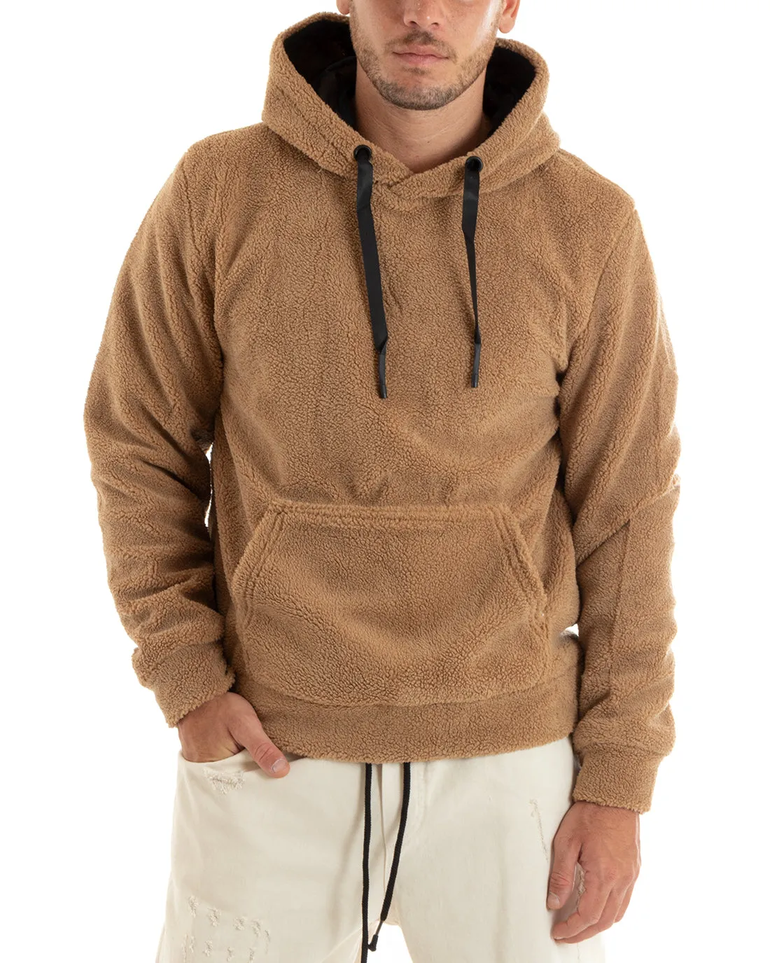 Felpa Uomo Con Cappuccio Maglia Teddy Pelliccia Tinta Unita Camel Regular Fit GIOSAL-F2988A