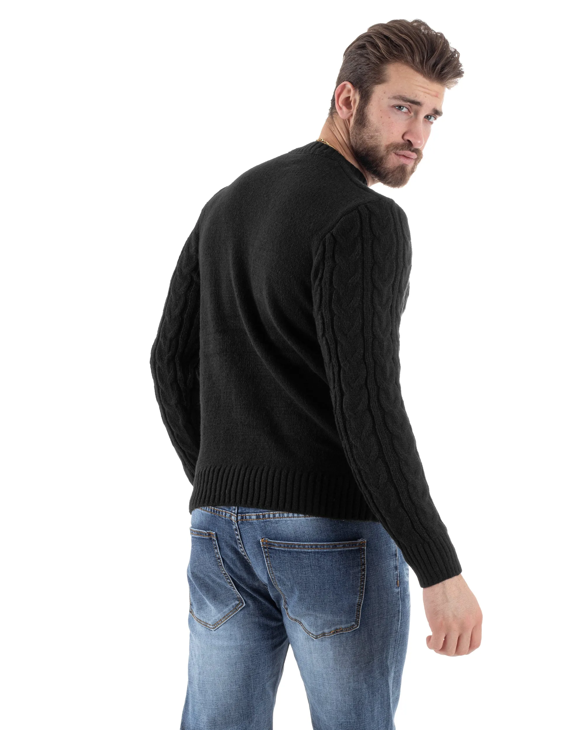 Maglione Con Trecce Uomo Girocollo Maglia Maglioncino Intrecciato Nero GIOSAL-M2803A