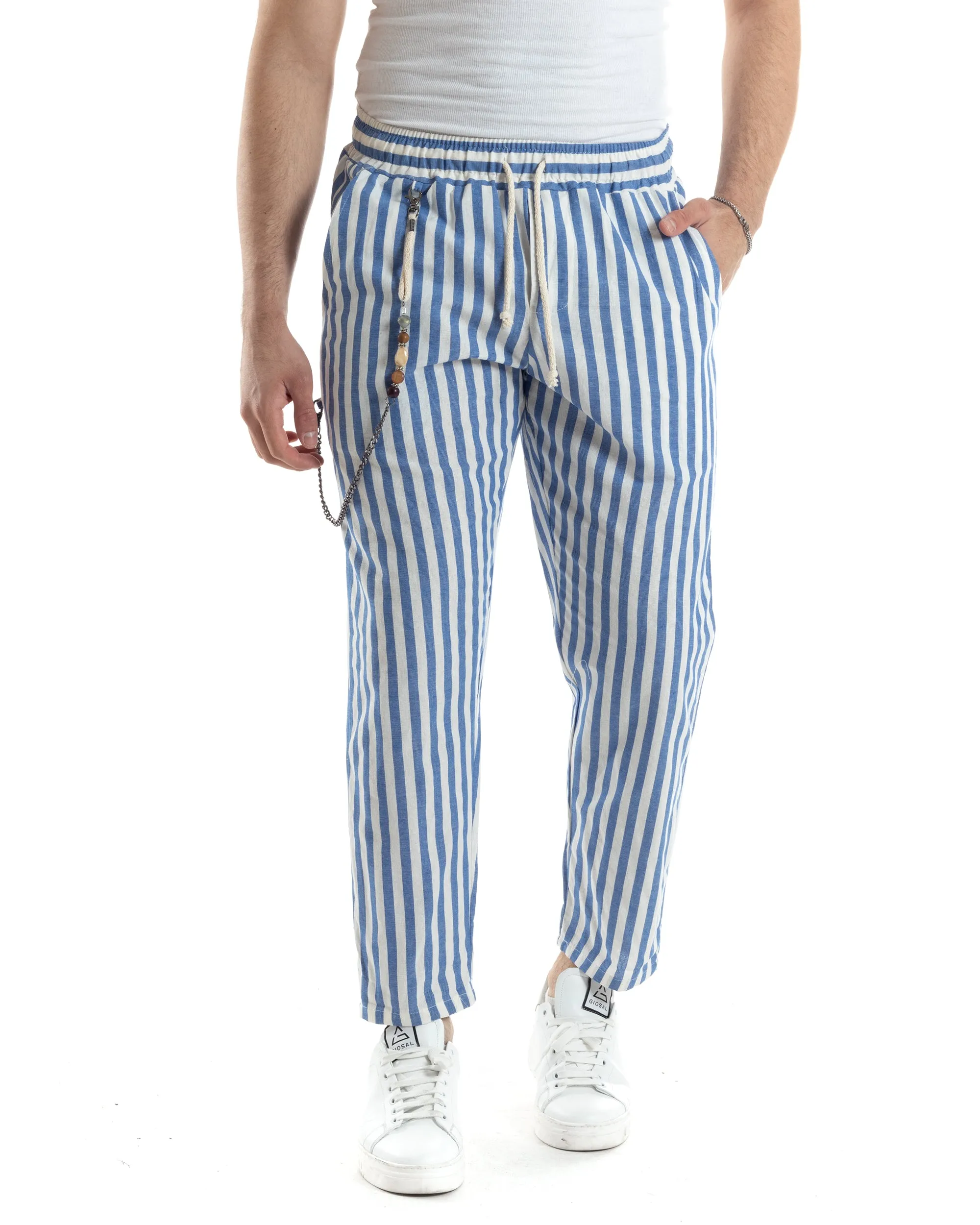 Pantaloni Uomo Pantalaccio Lino Jogger Elastico Sartoriale Casual Rigato Bicolore Bianco Celeste GIOSAL-P6070A