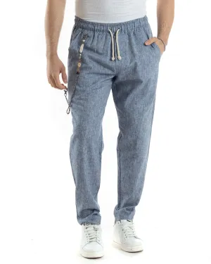 Pantaloni Uomo Pantalaccio Lino Jogger Elastico Sartoriale Casual Tinta Unita Blu Melangiato GIOSAL-P6067A