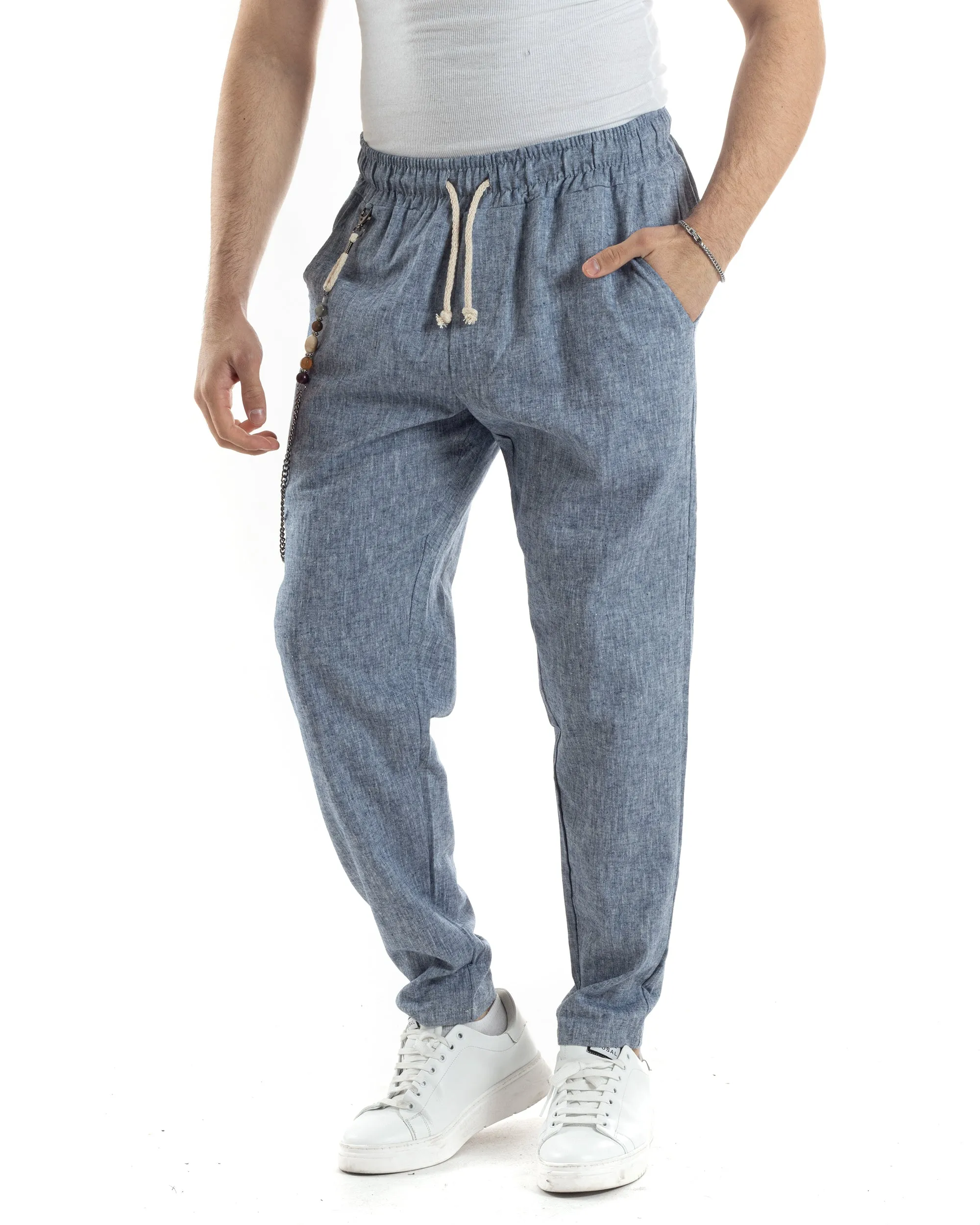 Pantaloni Uomo Pantalaccio Lino Jogger Elastico Sartoriale Casual Tinta Unita Blu Melangiato GIOSAL-P6067A