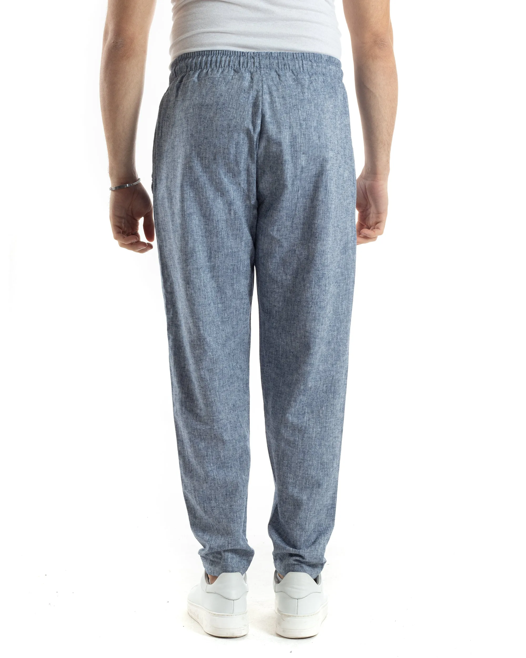 Pantaloni Uomo Pantalaccio Lino Jogger Elastico Sartoriale Casual Tinta Unita Blu Melangiato GIOSAL-P6067A