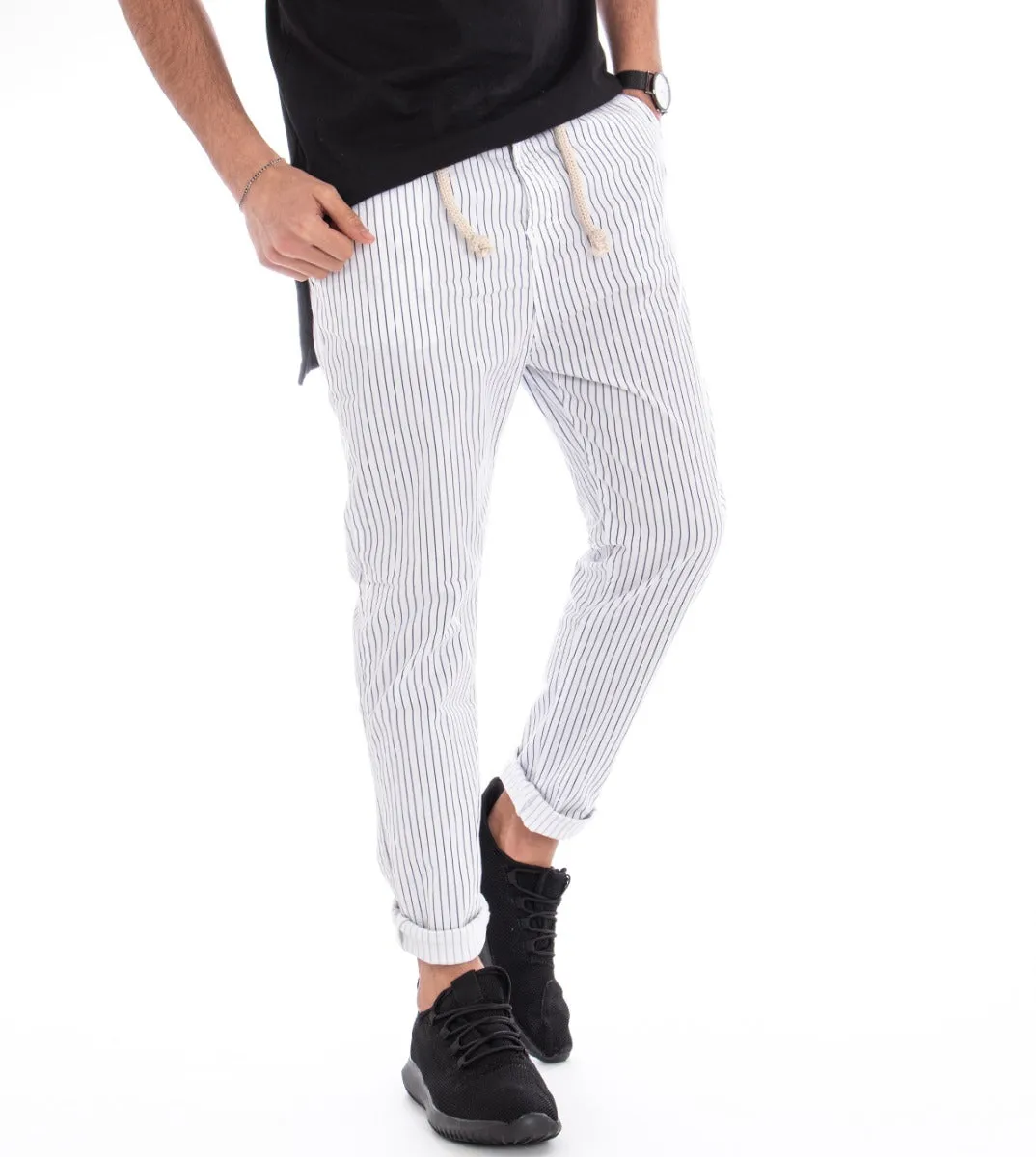 Pantaloni Uomo Tasca America Slim Bianco Rigato Righe Cavallo Basso Casual GIOSAL-P2334A