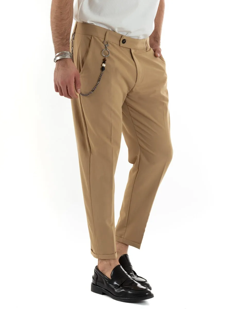 Pantaloni Uomo Viscosa Tasca America Classico Abbottonatura Allungata Casual Camel GIOSAL-P5641A