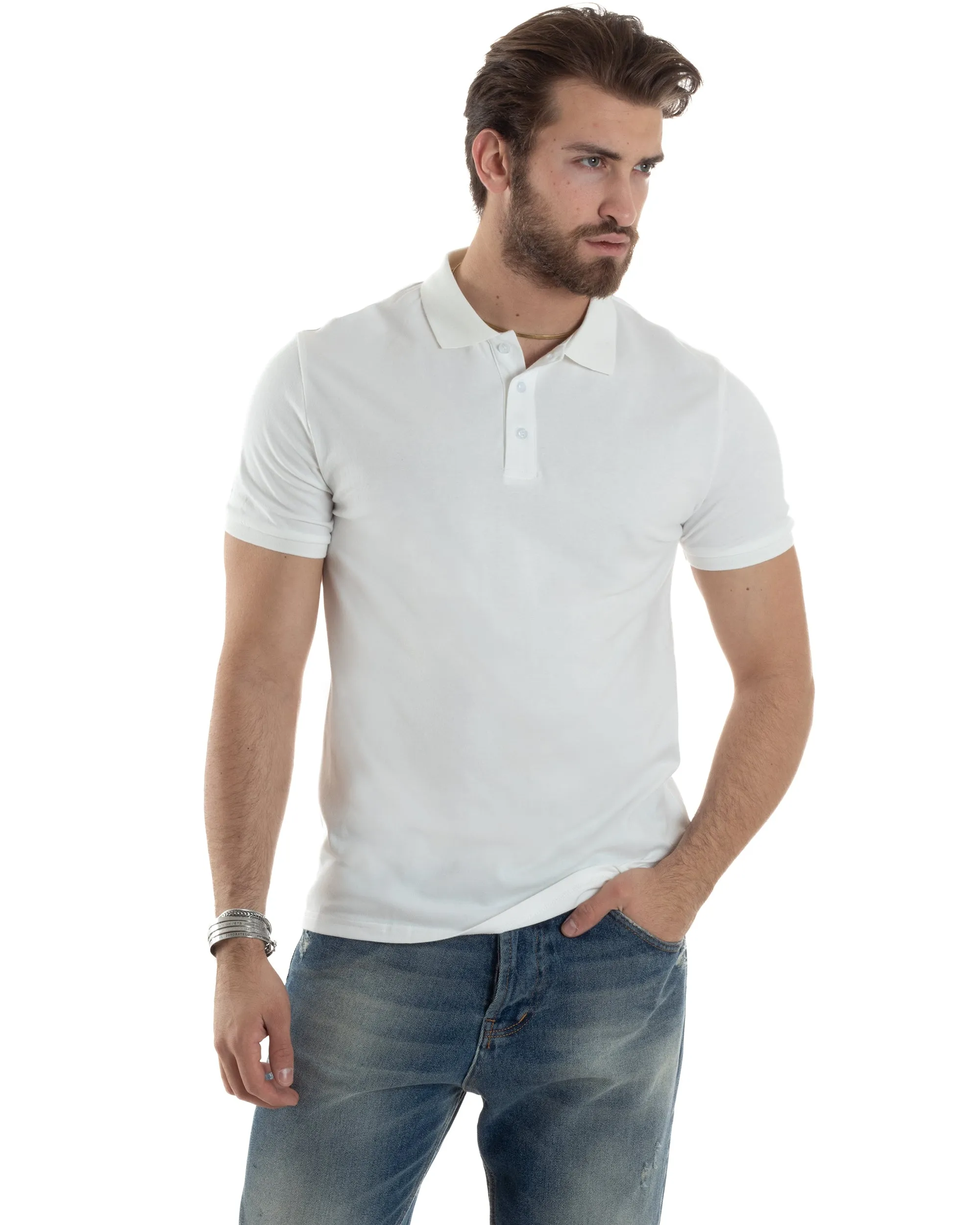 Polo Uomo Manica Corta T-shirt Con Colletto Bottoncini Basic Slim Fit Casual Tinta Unita Bianco GIOSAL-TS3047A