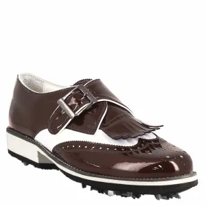 Scarpe con fibbia da golf donna in pelle bianca e vernice bordeaux