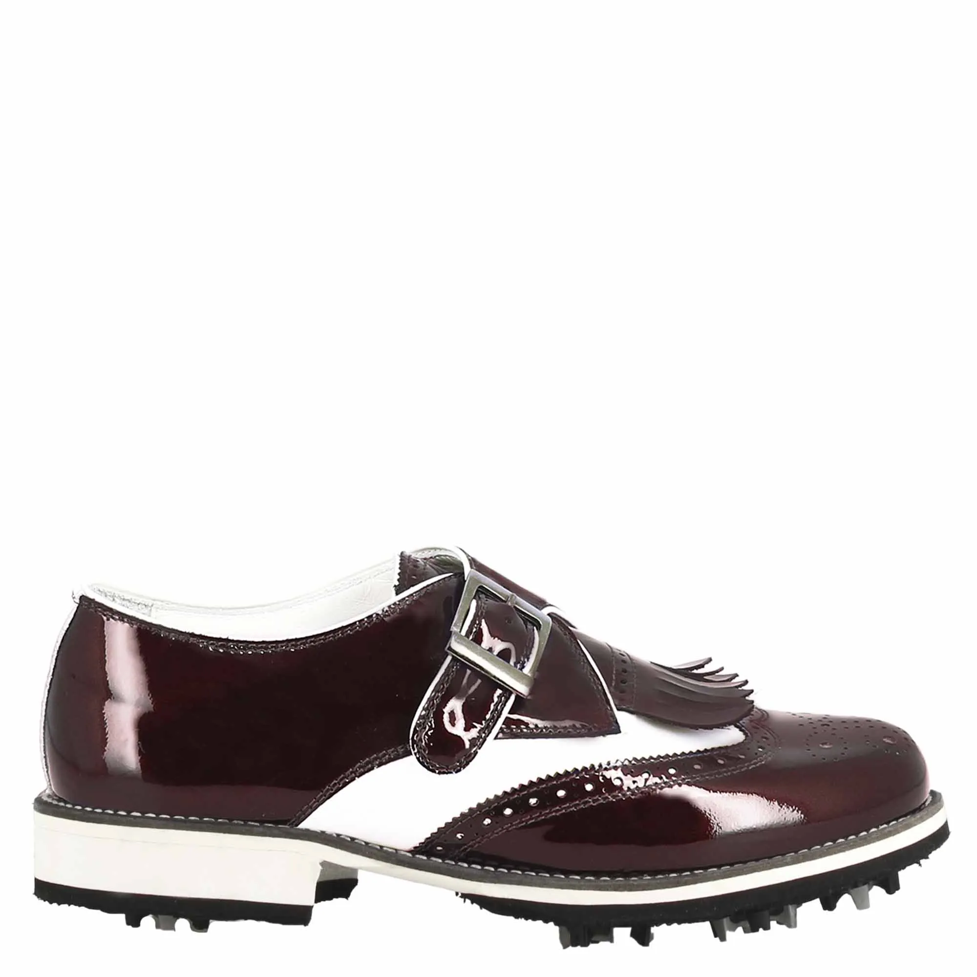 Scarpe con fibbia da golf donna in pelle bianca e vernice bordeaux