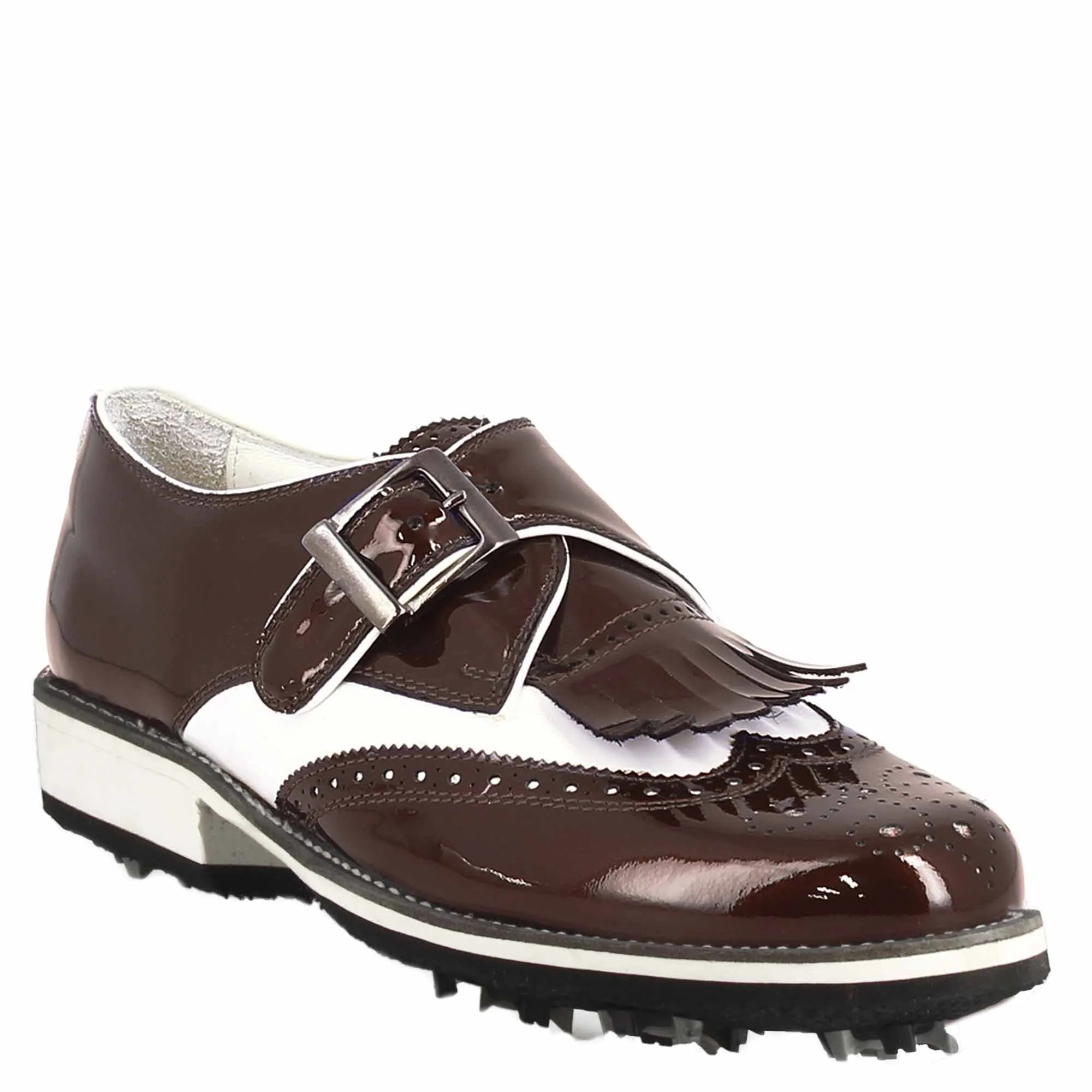 Scarpe con fibbia da golf donna in pelle bianca e vernice bordeaux