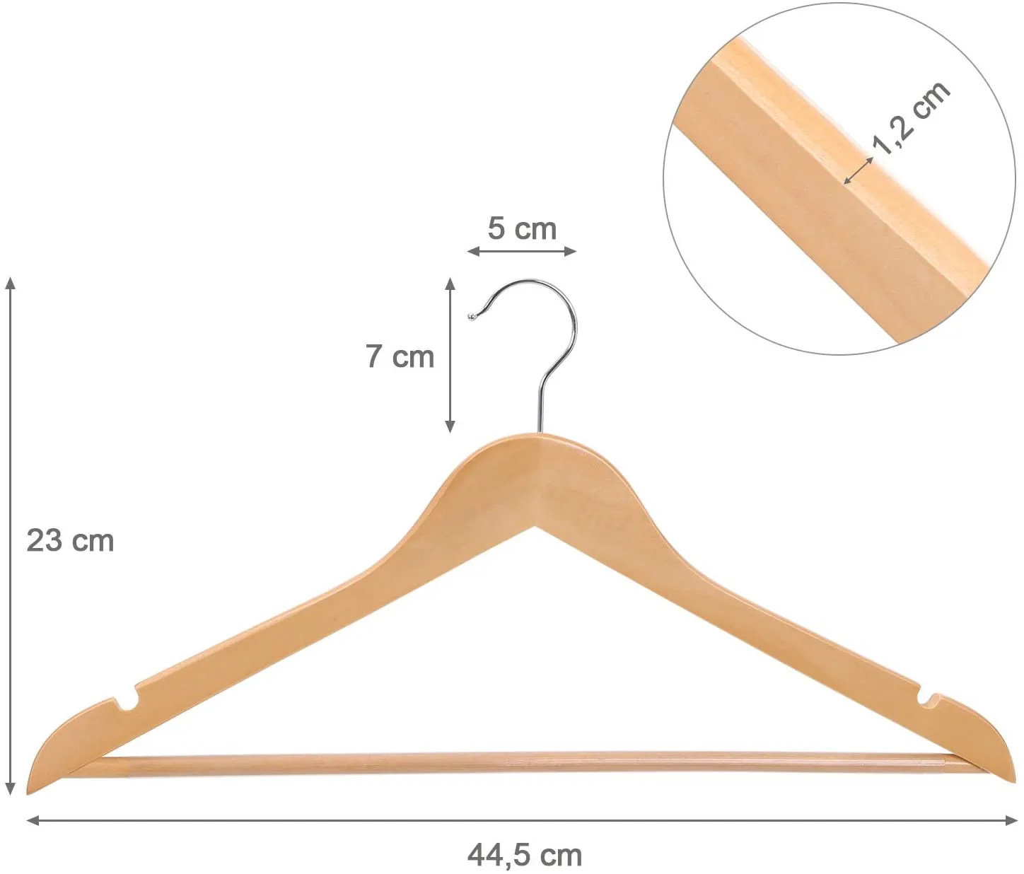 Set di 8 Grucce in Legno Massello, con Barra Appendiabiti Antiscivolo, Scanalature per Spalline, Gancio Girevole a 360°, per Cappotti Completi Gonne Camicie Pantaloni, Naturale