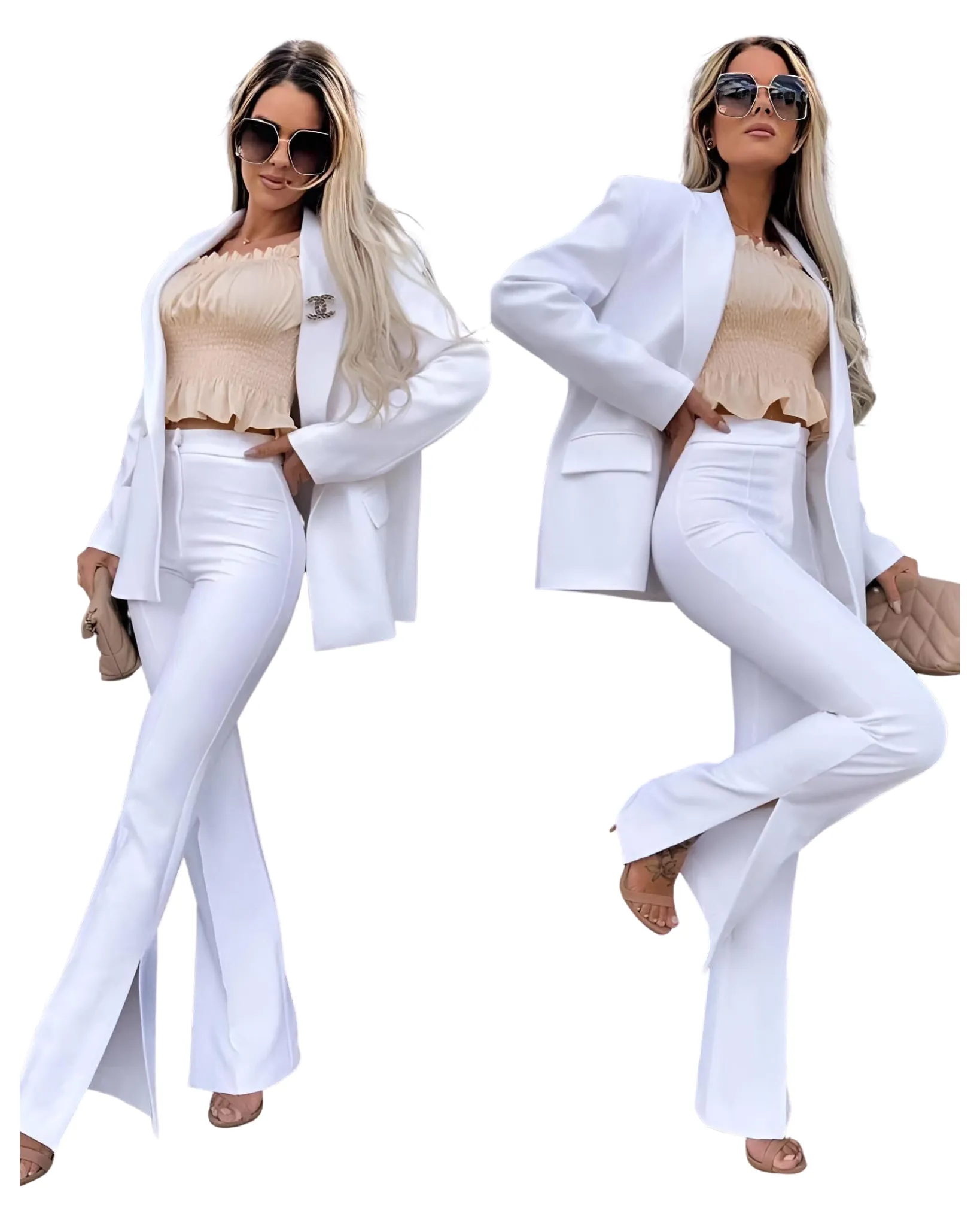 Tailleur Donna Completo Giacca Pantalone Vita Alta Zampa Spacco