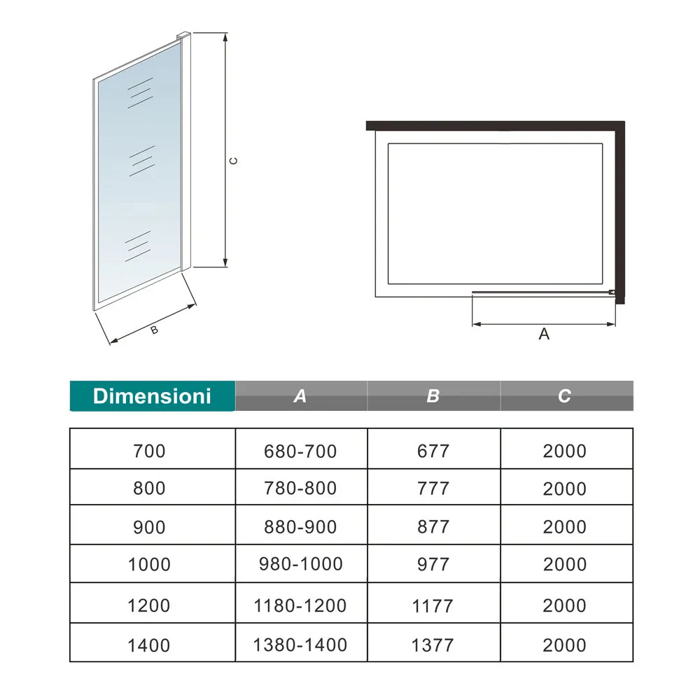 Walk In Parete Per Doccia Vetro Temperato 8mm Anticalcare 70-120 x 200cm con Bordo Nero Serigrafato con Barra Stabilizzatrice da 90cm Tagliabile